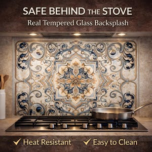 Gehärtetes Glas Backsplash, mediterrane Blaue Fliesenkunst, Faux Keramik Herd Splashback, portugiesischer Azulejo, kein Fugenmörtel Küchenpanel Bild 5