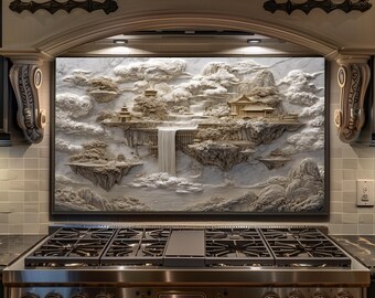 Marble Waterfall Temple Tempered Glass Backsplash, Asian Mountain Landscape Kitchen Stove Splashback