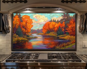 Autumn River Landscape Backsplash - Fall Forest Glass Splashback, Colorful Nature Kitchen Stove Backsplash Panel Decor