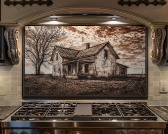 Vintage Farmhouse House Backsplash - Rustic Copper Style Glass Splashback, Kitchen Stove Backsplash Panel Country Decor