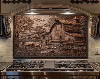 Vintage Barn Farm Backsplash - Rustic Copper Landscape Glass Splashback, Country Kitchen Stove Backsplash Panel Decor