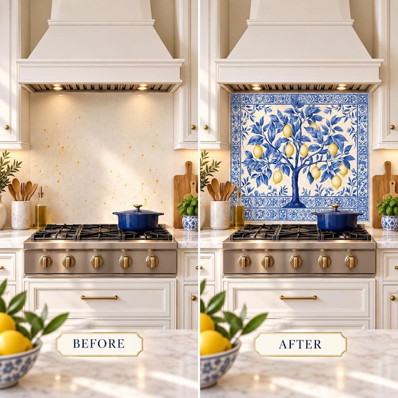 Before-and-after kitchen comparison showing a marked wall beside the finished stove area with a blue lemon tree glass backsplash.