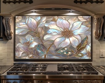 Iridescent Floral Glass Backsplash - Pearl Flower Splashback, Kitchen Stove Backsplash Panel, Luxury Modern Wall Decor