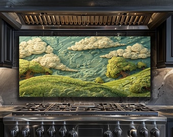 Countryside Landscape Kitchen Backsplash Tempered Glass Rolling Hills Nature Stove Splashback Decor