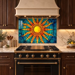 Sun Glass Backsplash, Stained Glass Style Kitchen Splashback, Turquoise Gold Tempered Glass Stove Panel, Celestial Kitchen Decor