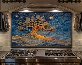 Cosmic Tree of Life Kitchen Backsplash Tempered Glass Starry Night Stove Splashback Decor