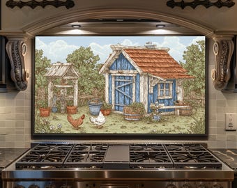 Rustic Chicken Coop Backsplash - Farmhouse Barn Glass Splashback, Country Kitchen Stove Backsplash Panel Decor