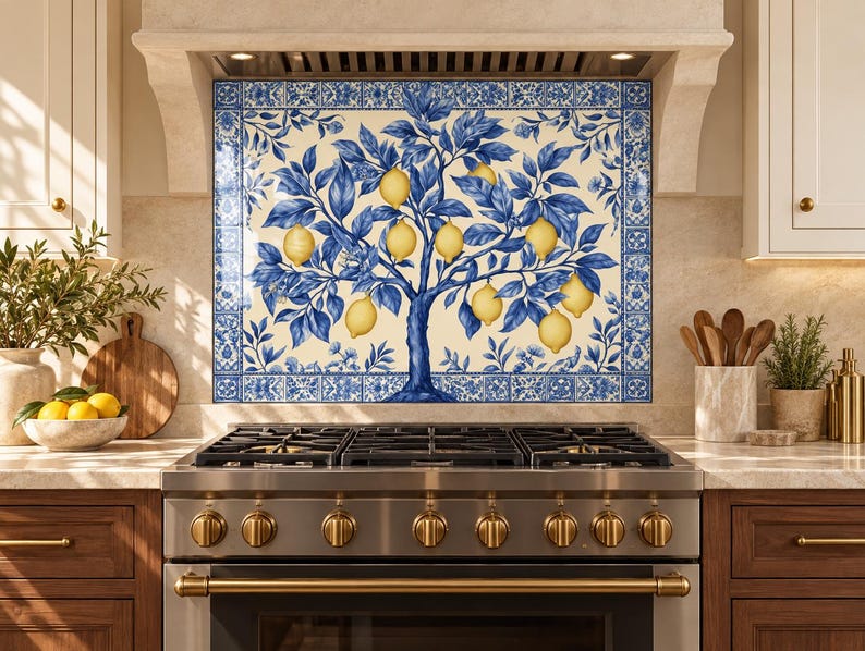 Lemon tree glass splashback behind an induction cooktop in a modern kitchen with light oak cabinets and pale stone counters.