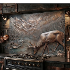 Rustic Copper Deer Backsplash, Faux Embossed Glass, Cabin Decor