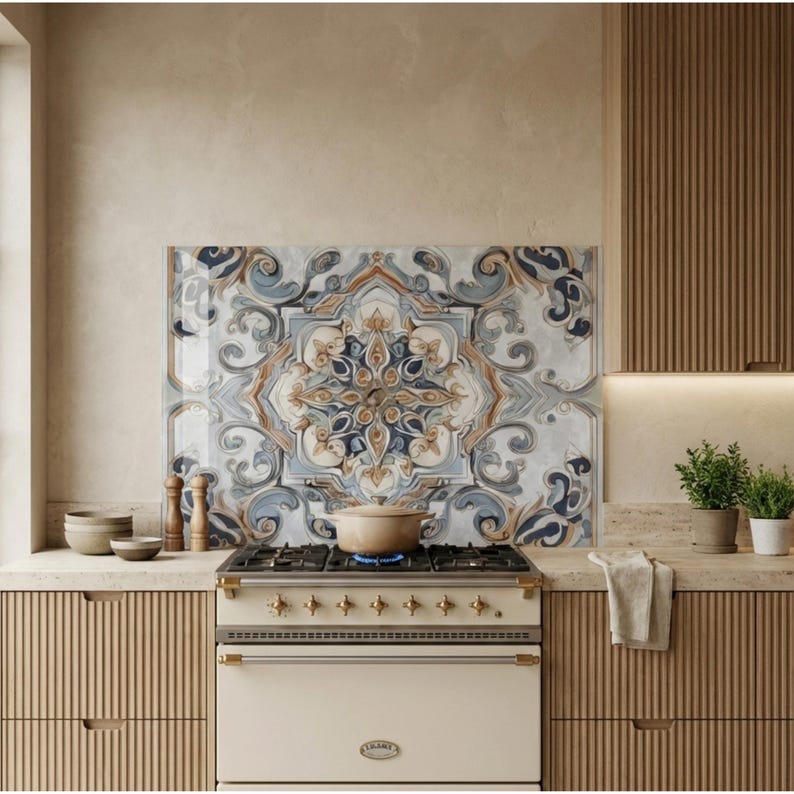 Gehärtetes Glas Backsplash, mediterrane Blaue Fliesenkunst, Faux Keramik Herd Splashback, portugiesischer Azulejo, kein Fugenmörtel Küchenpanel Bild 6