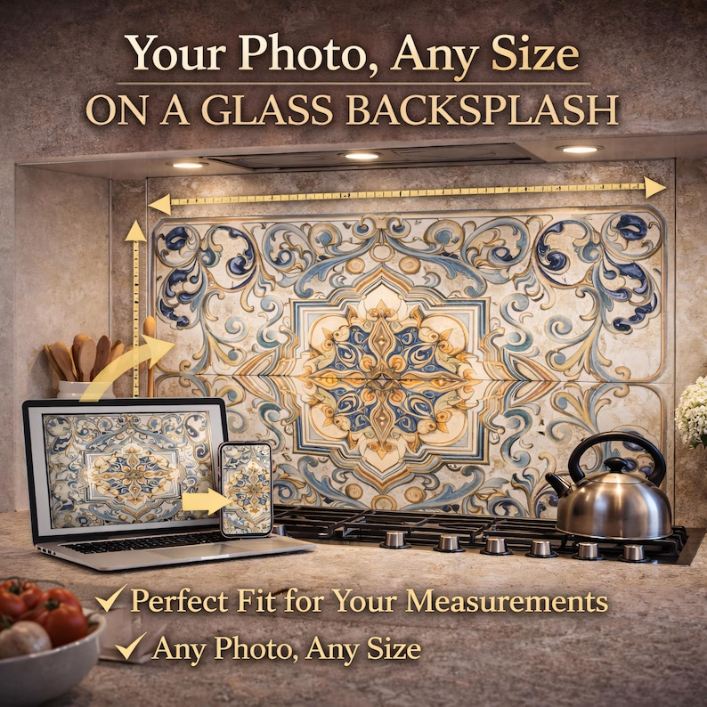 Gehärtetes Glas Backsplash, mediterrane Blaue Fliesenkunst, Faux Keramik Herd Splashback, portugiesischer Azulejo, kein Fugenmörtel Küchenpanel Bild 2