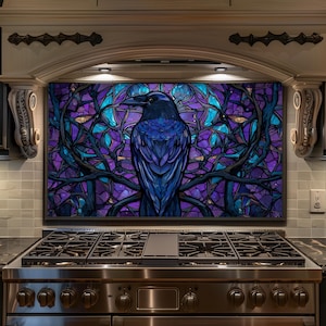 May include: A stained glass panel depicting a raven on a branch, set against a backdrop of purple and blue. The artwork is framed by dark branches and a mosaic-like background, creating a gothic aesthetic. The panel is likely a kitchen backsplash.