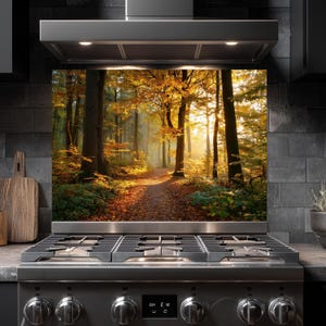 Autumn Forest Glass Kitchen Backsplash: Rustic Nature Wall Decor