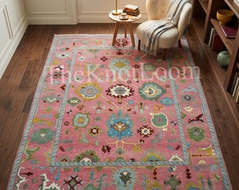 Pink Floral Area Rug, Hand Knotted Traditional Inspired Rug, Handmade Boho Rug, Custom Size Statement Rug