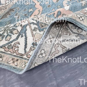 Handmade Wool Oushak Rug: Blue Beige Distressed Turkish Carpet