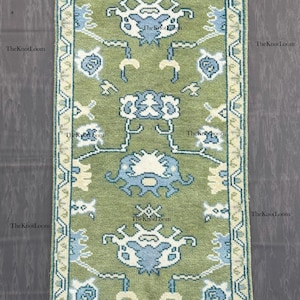 May include: A rectangular green rug with a detailed pattern in light blue and cream. The rug features a central design with floral and geometric elements, framed by a border with similar motifs. The rug is made of a woven material.