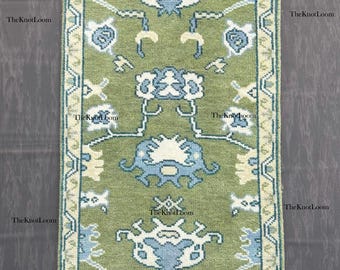 Hand Knotted Wool Oushak Runner Rug 2.5x8: Moss Green, Blue Geometric Carpet