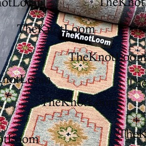 Handknotted Oushak Wool Runner Rug, Navy Pink Green, Turkish Hallway Carpet, Vintage Design 2.5x12,3x6,8x10 image 8