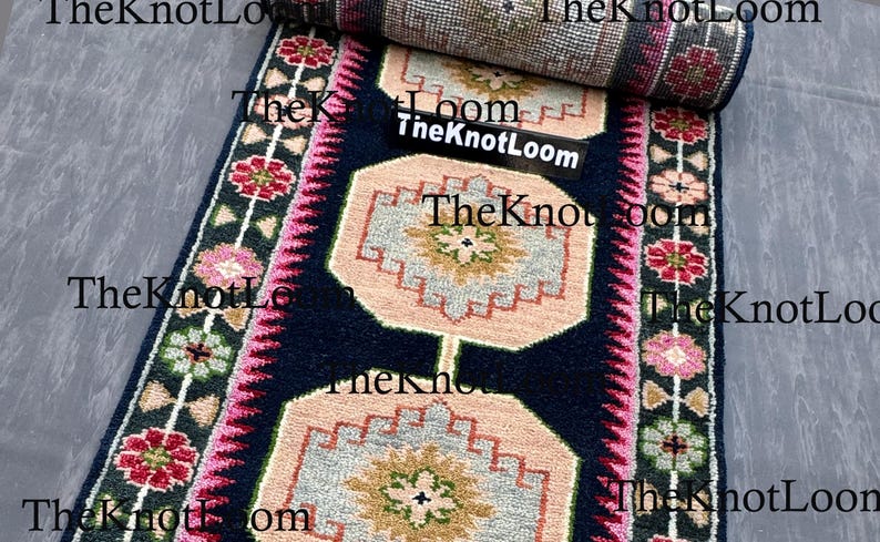 Handknotted Oushak Wool Runner Rug, Navy Pink Green, Turkish Hallway Carpet, Vintage Design 2.5x12,3x6,8x10 image 8