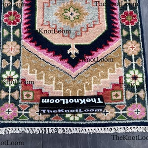 Handknotted Oushak Wool Runner Rug, Navy Pink Green, Turkish Hallway Carpet, Vintage Design 2.5x12,3x6,8x10 image 10