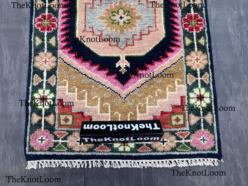 Handknotted Oushak Wool Runner Rug, Navy Pink Green, Turkish Hallway Carpet, Vintage Design 2.5x12,3x6,8x10 image 10