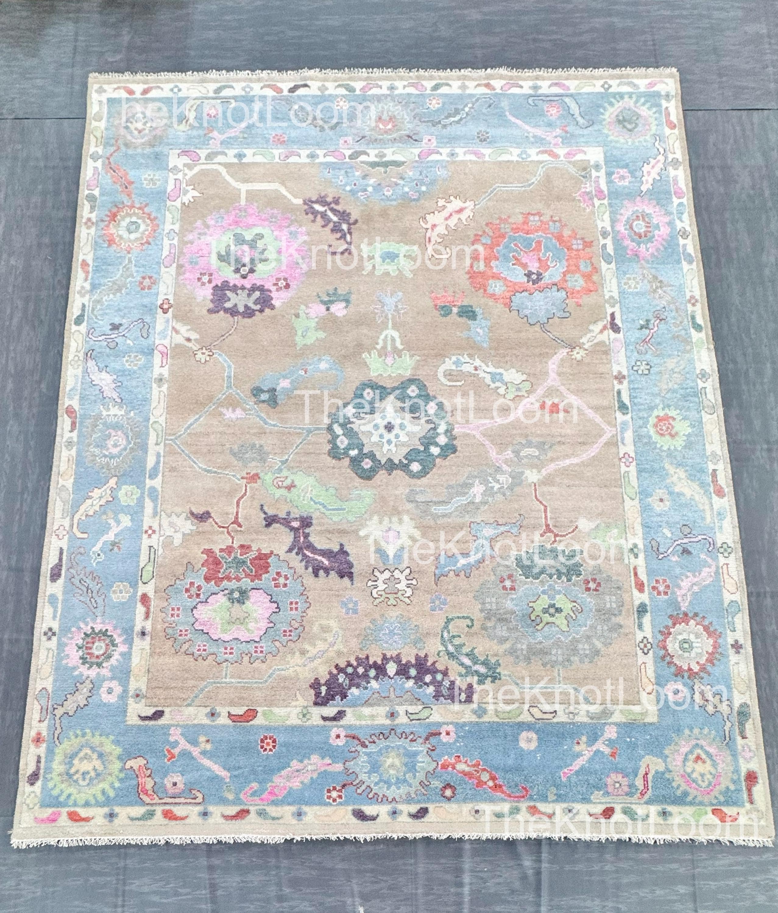 花柄ウールラグ 約200x300cm 手織りのウシャックウールラグ：シルバー、ブルー、マルチカラーの花柄