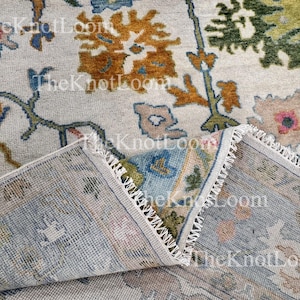 Hand-Knotted Ivory Oushak Rug 9x12: Wool Turkish Carpet, Pale Teal Border