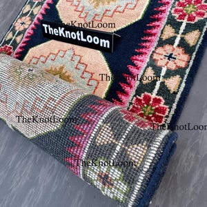 Handknotted Oushak Wool Runner Rug, Navy Pink Green, Turkish Hallway Carpet, Vintage Design 2.5x12,3x6,8x10 image 1