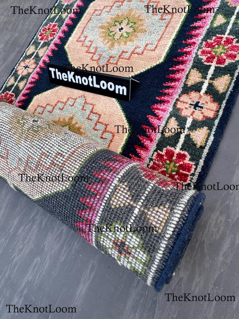 Handknotted Oushak Wool Runner Rug, Navy Pink Green, Turkish Hallway Carpet, Vintage Design 2.5x12,3x6,8x10 image 1