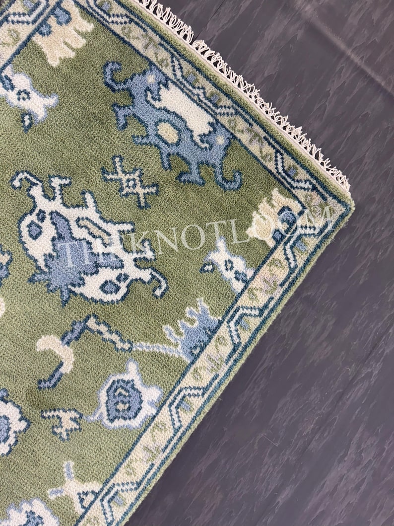 Grön Oushak löparmatta, handknuten ulllöpare i hallen, löpare i specialstorlek bild 14