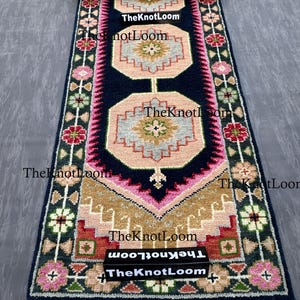 Handknotted Oushak Wool Runner Rug, Navy Pink Green, Turkish Hallway Carpet, Vintage Design 2.5x12,3x6,8x10 image 3