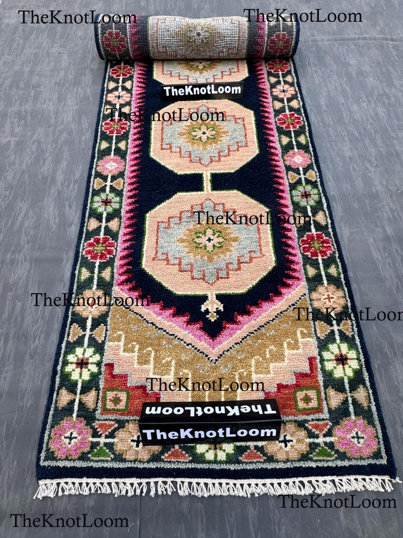 Handknotted Oushak Wool Runner Rug, Navy Pink Green, Turkish Hallway Carpet, Vintage Design 2.5x12,3x6,8x10 image 3