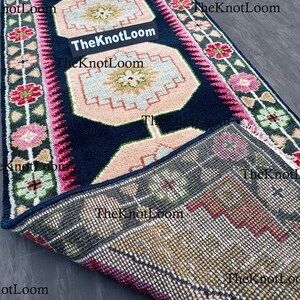 Handknotted Oushak Wool Runner Rug, Navy Pink Green, Turkish Hallway Carpet, Vintage Design 2.5x12,3x6,8x10 image 7
