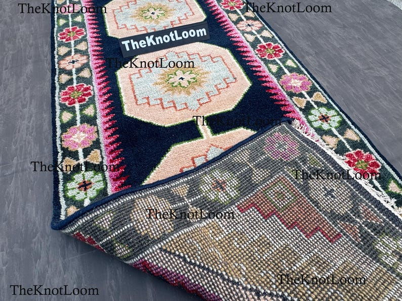 Handknotted Oushak Wool Runner Rug, Navy Pink Green, Turkish Hallway Carpet, Vintage Design 2.5x12,3x6,8x10 image 7