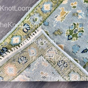 Handmade Wool Oushak Rug: Light Blue Green Floral Turkish Carpet