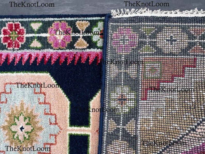 Handknotted Oushak Wool Runner Rug, Navy Pink Green, Turkish Hallway Carpet, Vintage Design 2.5x12,3x6,8x10 image 12