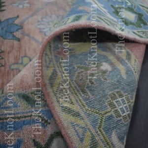 Hand-Knotted Wool Oushak Rug 5x8: Peach, Blue & Green Turkish Carpet