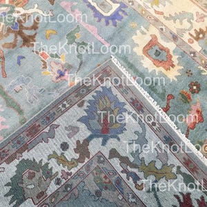 Hand-Knotted Sky Blue Oushak Rug: Floral Wool Carpet