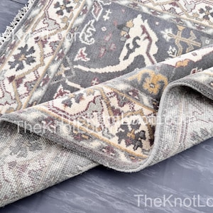 Handmade Wool Oushak Rug: Gray, Blue & Beige Turkish Floral Carpet