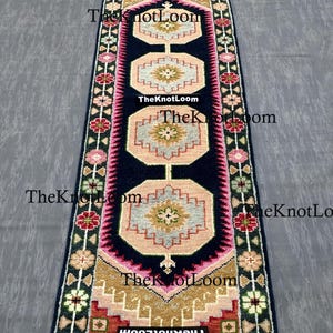 Handknotted Oushak Wool Runner Rug, Navy Pink Green, Turkish Hallway Carpet, Vintage Design 2.5x12,3x6,8x10 image 9