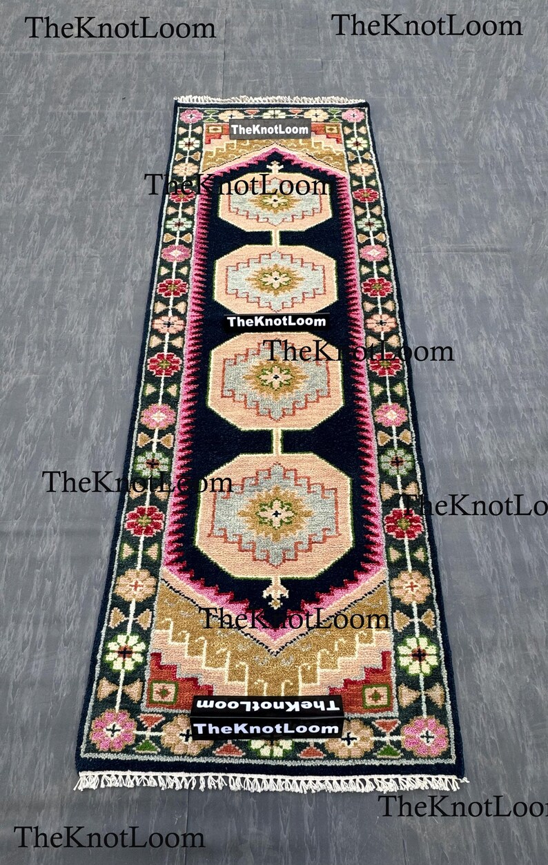 Handknotted Oushak Wool Runner Rug, Navy Pink Green, Turkish Hallway Carpet, Vintage Design 2.5x12,3x6,8x10 image 9