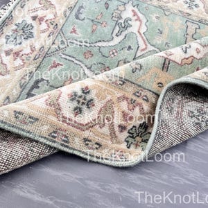 Hand Knotted Wool Oushak Rug: Green, Beige, and Ivory Turkish Carpet