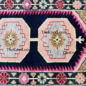 Handknotted Oushak Wool Runner Rug, Navy Pink Green, Turkish Hallway Carpet, Vintage Design 2.5x12,3x6,8x10 image 4