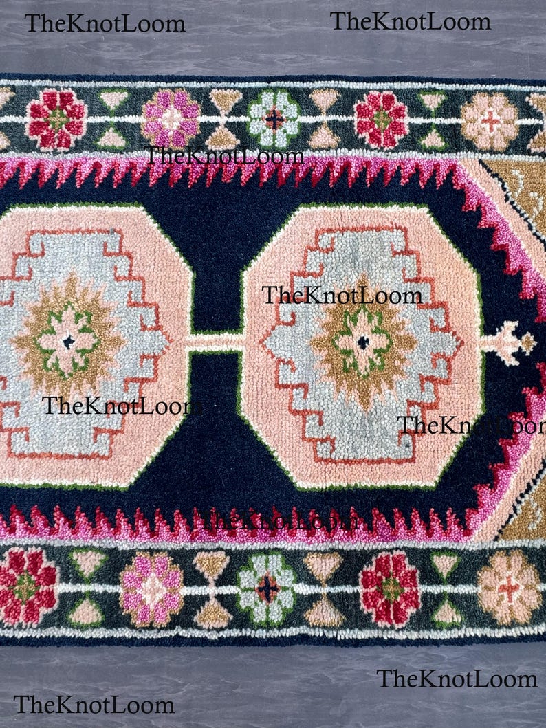 Handknotted Oushak Wool Runner Rug, Navy Pink Green, Turkish Hallway Carpet, Vintage Design 2.5x12,3x6,8x10 image 4