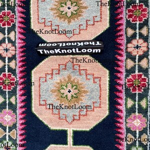 Handknotted Oushak Wool Runner Rug, Navy Pink Green, Turkish Hallway Carpet, Vintage Design 2.5x12,3x6,8x10 image 5