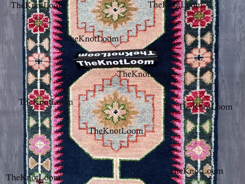 Handknotted Oushak Wool Runner Rug, Navy Pink Green, Turkish Hallway Carpet, Vintage Design 2.5x12,3x6,8x10 image 5