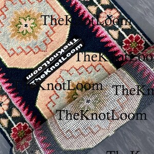 Handknotted Oushak Wool Runner Rug, Navy Pink Green, Turkish Hallway Carpet, Vintage Design 2.5x12,3x6,8x10 image 11