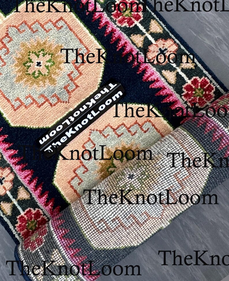 Handknotted Oushak Wool Runner Rug, Navy Pink Green, Turkish Hallway Carpet, Vintage Design 2.5x12,3x6,8x10 image 11