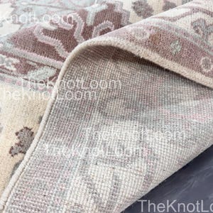 Handmade Wool Oushak Rug 9x12: Beige, Blue & Rose Medallion Turkish Carpet
