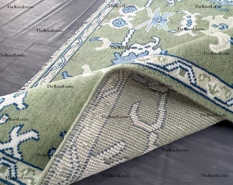 Handwoven Green Oushak Wool Rug: Turkish Geometric Carpet